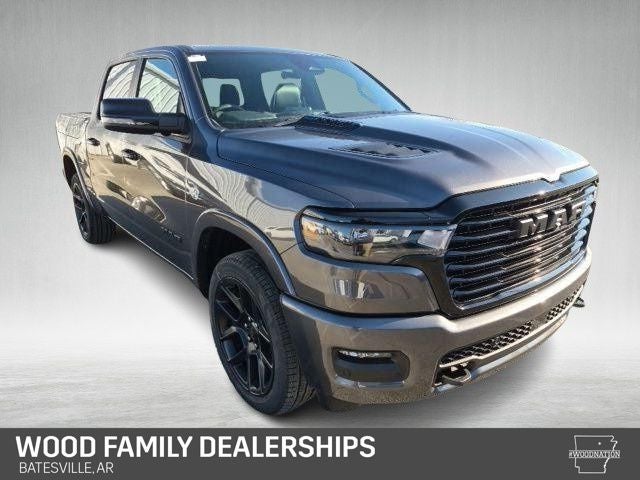 2026 RAM Ram 1500 RAM 1500 LARAMIE CREW CAB 4X4 5'7' BOX in Granite Crystal Metallic Clear-Coat Exterior Paint — front three-quarter view